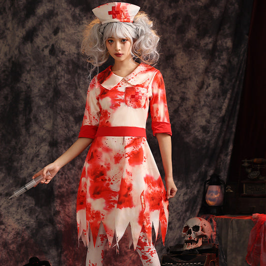 【ハロウィン】ゾンビナースコスプレ・ホラーハウスパーティー・血しぶき＆ダメージ加工・白赤ミニスカート