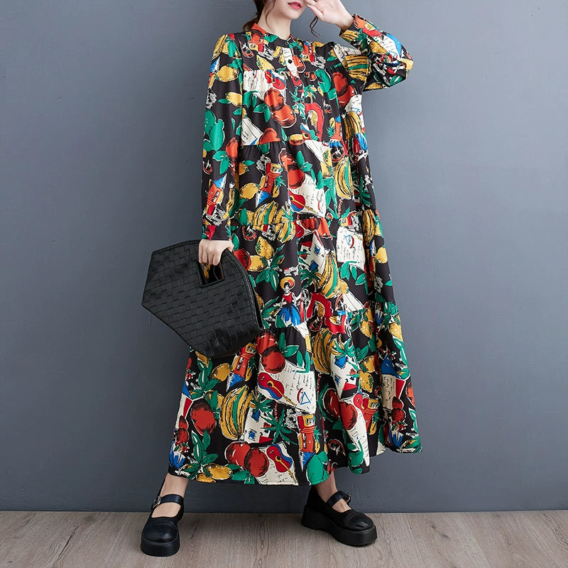 【ワンピース】春 秋 冬 プリント ルーズ ミディ丈 ワンピース 【SHシリーズ】