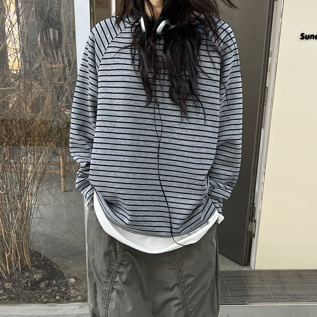 【トップス】春秋 韓国風 高級感 配色 しま模様 パーカー【SNシリーズ】