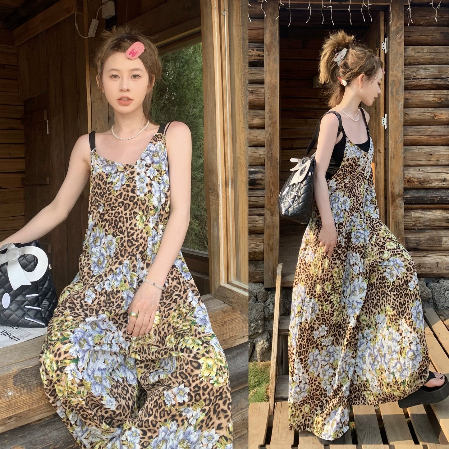 【ボトムス】夏新作 優雅に揺れる 雪青フラワー柄 オーバーサイズサロペット オールインワン【SHシリーズ】