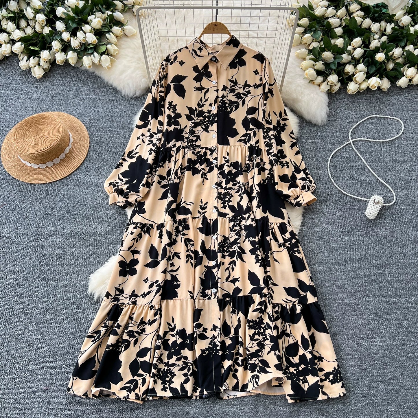 【60%OFF⭐️早い者勝ち】【ワンピース】プリント シングルボタン シャツ ロング丈 長袖 ワンピース 【SHシリーズ】