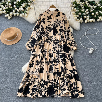 【60%OFF⭐️早い者勝ち】【ワンピース】プリント シングルボタン シャツ ロング丈 長袖 ワンピース 【SHシリーズ】