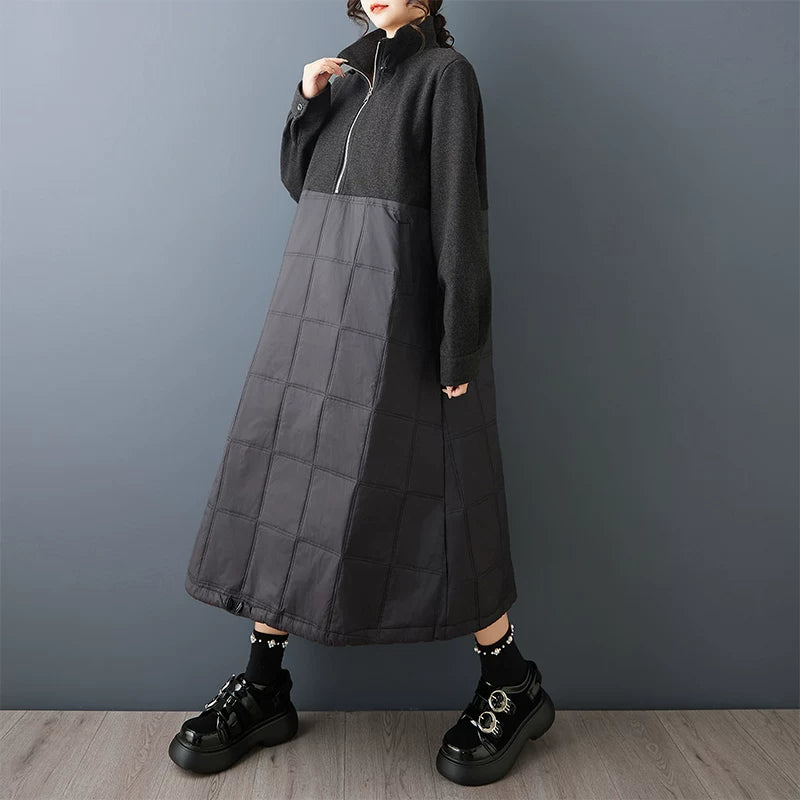 【ワンピース】ダークモード 長袖ワンピース 高級感 切替 中綿入り チェック柄 ミディ丈 レディース 秋冬 ロングドレス【AHシリーズ】