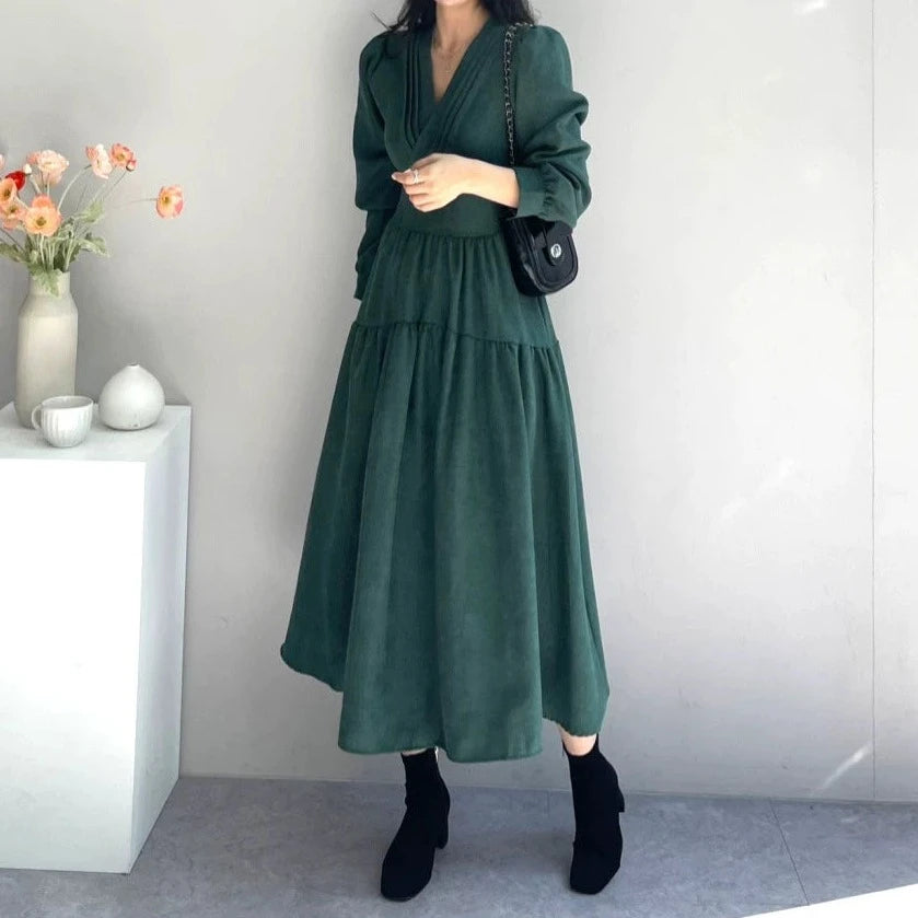 【24AW】【ワンピース】レトロ エレガント Vネック 長袖ワンピース