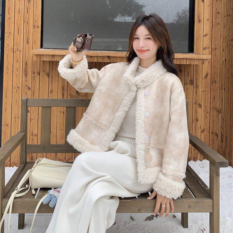 【アウター】冬 レディース 蓮ピンク タイダイ柄 フェイクムートン ボアジャケット ハイネック 小柄向け 韓国風コート【JZシリーズ】