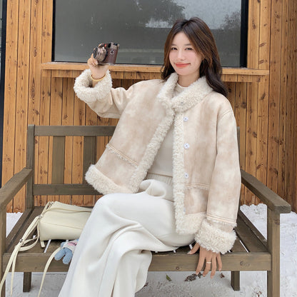 【アウター】冬 レディース 蓮ピンク タイダイ柄 フェイクムートン ボアジャケット ハイネック 小柄向け 韓国風コート【JZシリーズ】