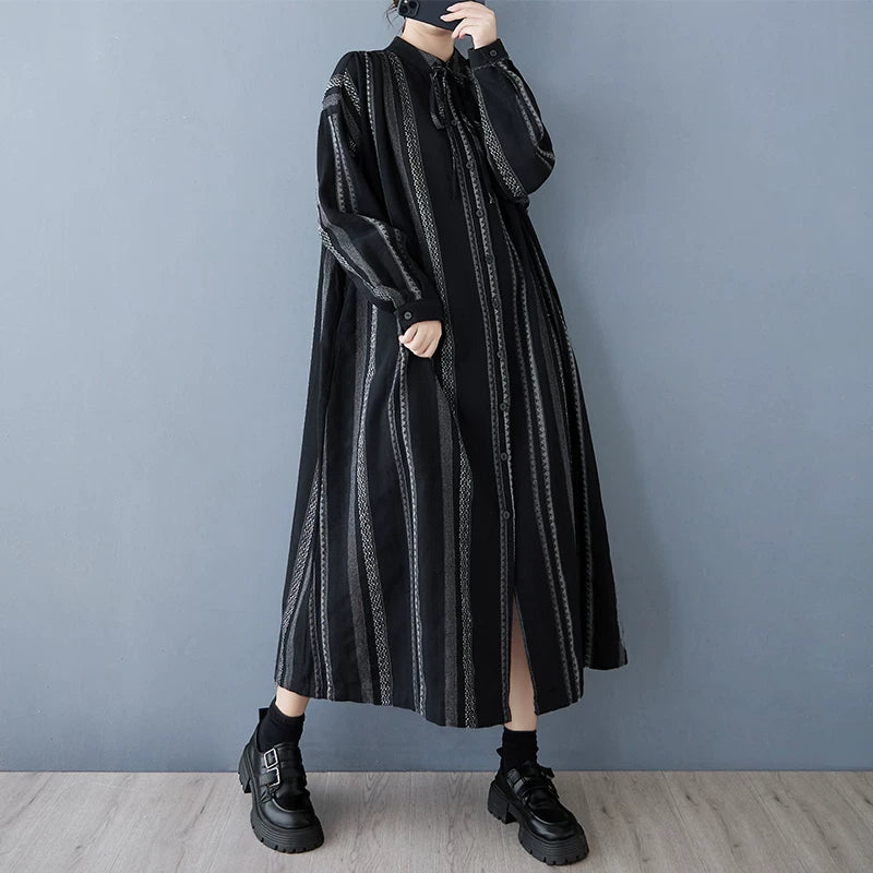 【ワンピース】個性派ストライプシャツワンピース レディース 春秋新作 コットンリネン風 ゆったり 大きいサイズ ベルト付き【JZシリーズ】