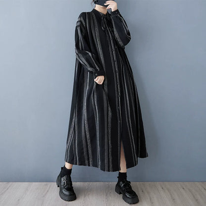 【ワンピース】個性派ストライプシャツワンピース レディース 春秋新作 コットンリネン風 ゆったり 大きいサイズ ベルト付き【JZシリーズ】