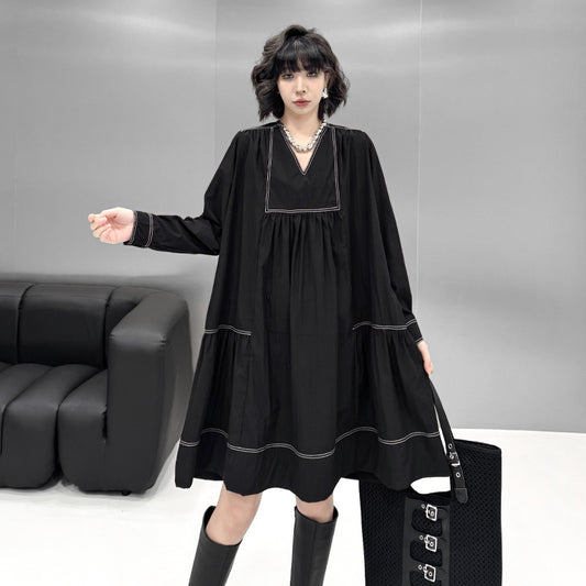 【ワンピース】新作 おしゃれ ゆったり ステッチ入り Vネック Aライン ショート丈長袖ワンピース【AHシリーズ】