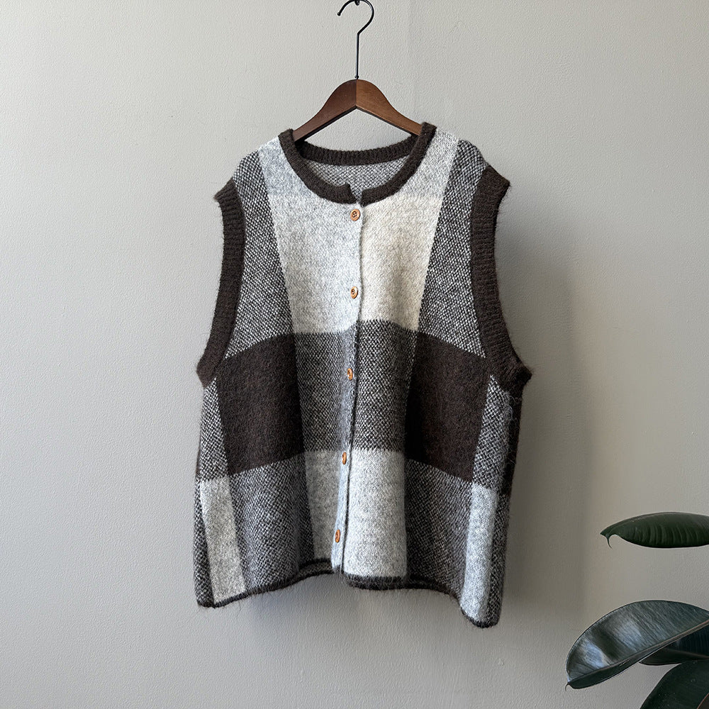 【トップス】レトロ 配色 チェック ニット ベスト レディース 秋 ゆったり クルーネック セーター【JZシリーズ】