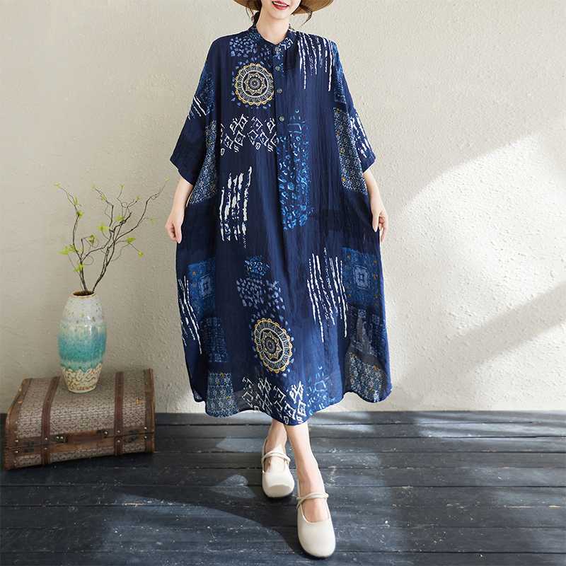 【ワンピース】夏 コットンリネン 立襟 花柄 半袖 ワンピース 【SHシリーズ】