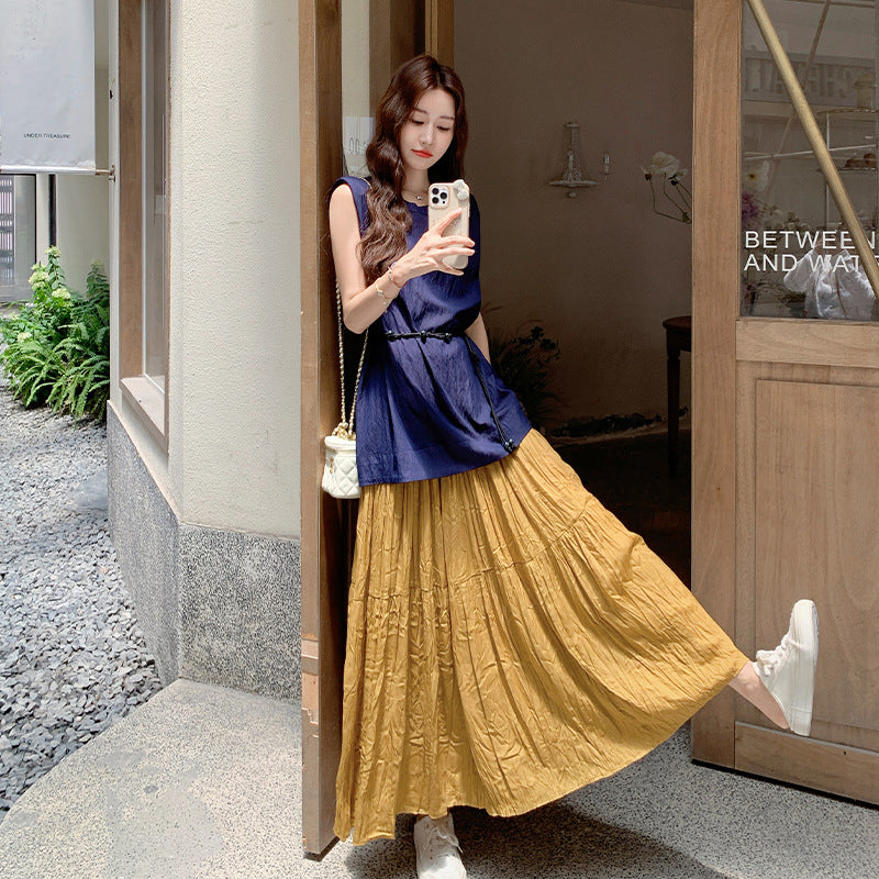 2点セット！【セットアップ】ラウンドネックカジュアルノースリーブブラウス＋ハイウエスト細見えAラインスカート上下セット【JZシリーズ】