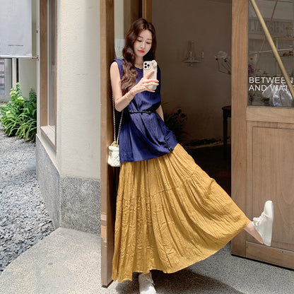 2点セット！【セットアップ】ラウンドネックカジュアルノースリーブブラウス＋ハイウエスト細見えAラインスカート上下セット【JZシリーズ】