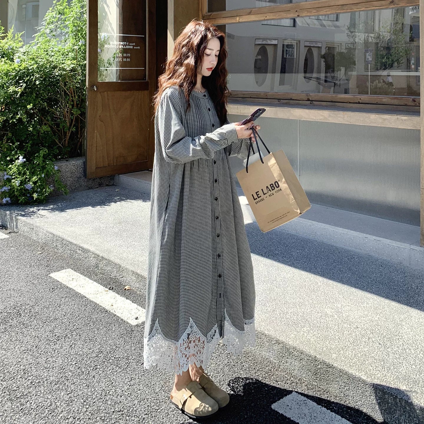 【ワンピース】 カジュアル ゆったり スウィート 若見え  レース チェック 長袖ワンピース【JZシリーズ】【SHシリーズ】