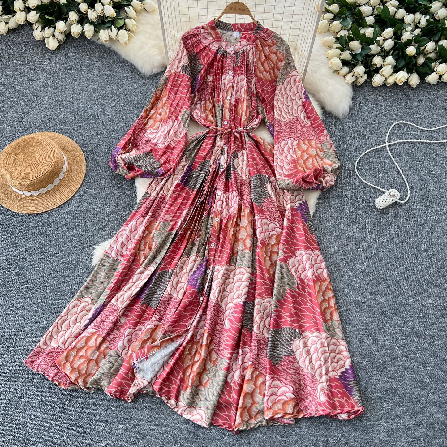 【ワンピース】前開き バルーンスリーブ タック入り フレア 長袖 ワンピース 【SHシリーズ】