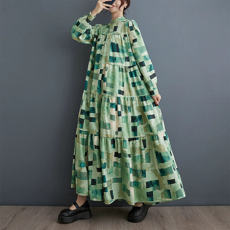 【ワンピース】大きいサイズ 春秋 ファッショナブル シフォン花柄 長袖ワンピース ゆったり 韓国風 ロング丈【SHシリーズ】