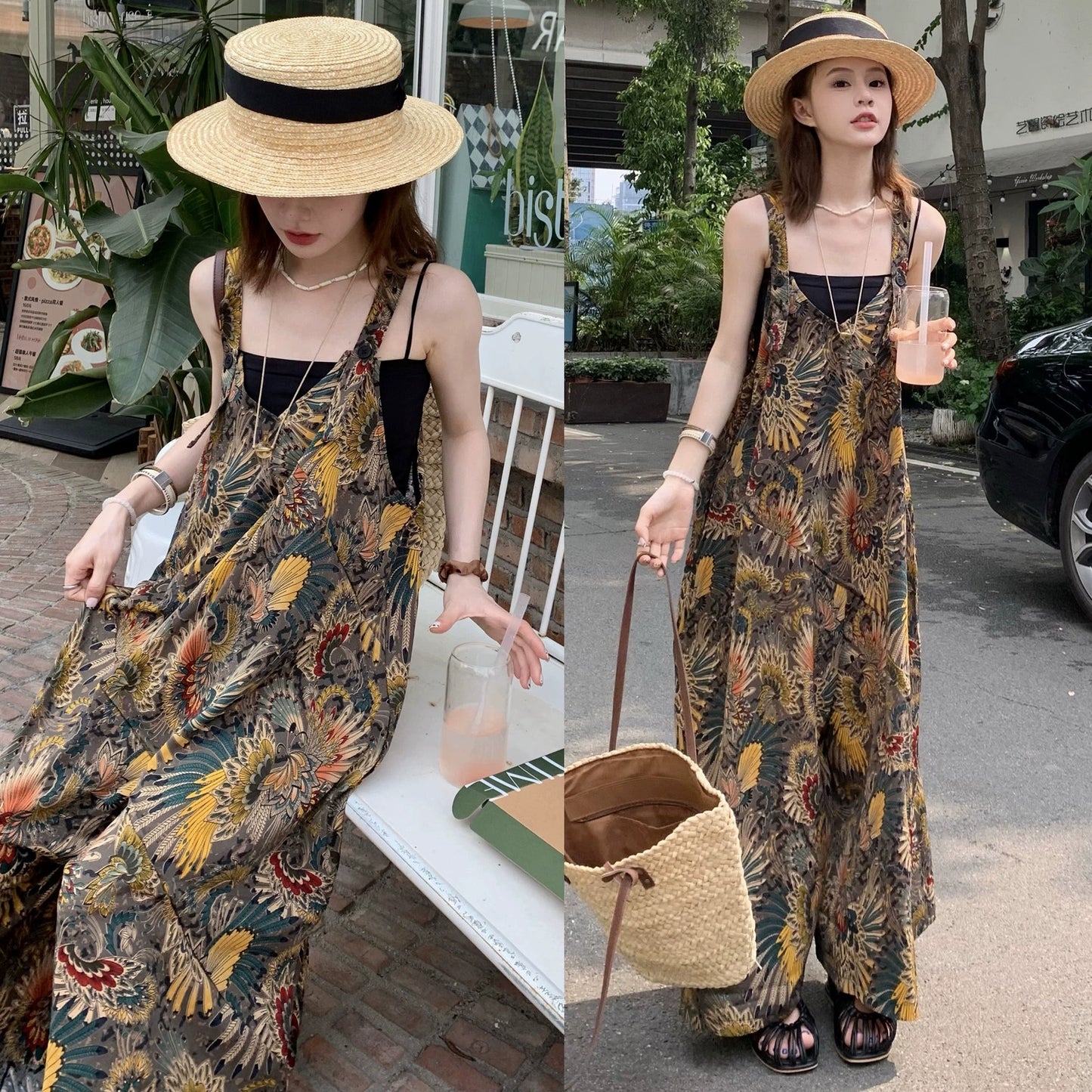 【ボトムス】夏新作 ゆったりルーズスタイル Vネック キャミサロペット オールインワン【SHシリーズ】