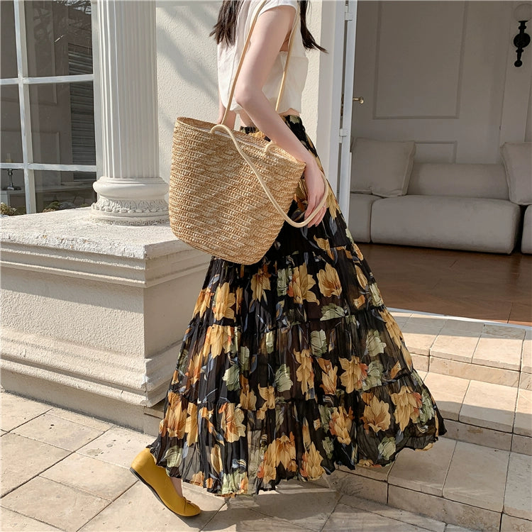 【ボトムス】切り替え  軽やか プリーツ フレア Aライン ハイウエスト シフォンスカート【SHシリーズ】