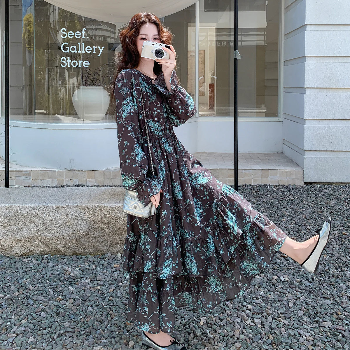 【ワンピース】フレンチクラシカル花柄ワンピース レディース 春秋 Vネック ウエストシェイプ ロング丈 大人上品【SHシリーズ】