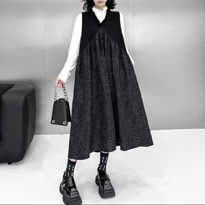 【ワンピース】暗黒系 ノースリーブVネックベストワンピース レディース 新作 ゆったり体型カバー ミディ丈【AHシリーズ】