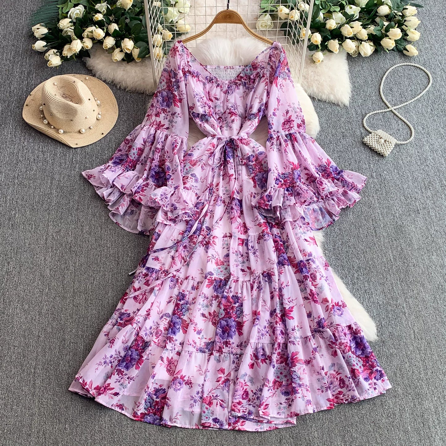 【ワンピース】褒められ確定！フレンチ小衆 長袖 プリントロングワンピース｜シフォン＆ベルスリーブ【SHシリーズ】