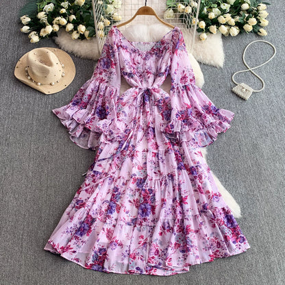 【ワンピース】褒められ確定！フレンチ小衆 長袖 プリントロングワンピース｜シフォン＆ベルスリーブ【SHシリーズ】