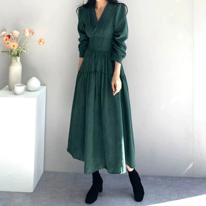 【24AW】【ワンピース】レトロ エレガント Vネック 長袖ワンピース