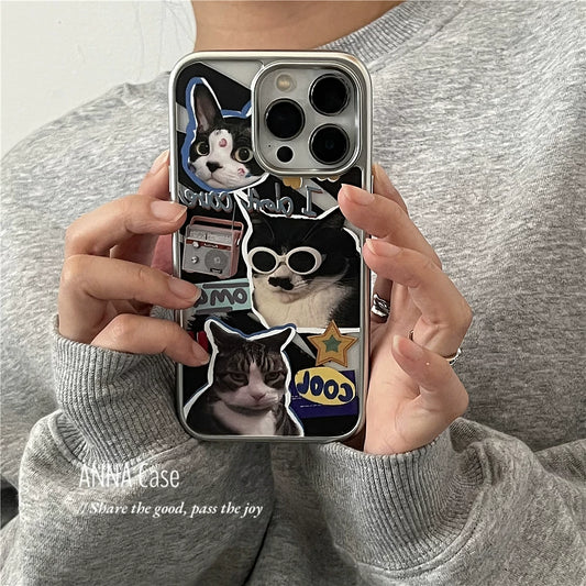 【グッズ】韓国 ins風 クール＆ユニーク パッチワーク猫 電鍍ケース iPhone16 Pro / iPhone17 Pro Max / 15 Pro / 13 / 14対応 全面保護 耐衝撃 男女兼用 ケース