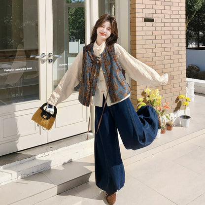 3点セット！【セットアップ】メラードジャカード×配色 ベスト＋中国風シャツ＋ワイドデニムパンツ 上下セット レディース 早春・秋 サン系コーデ【SHシリーズ】