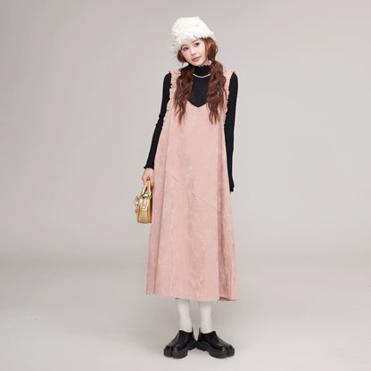 【ワンピース】秋冬 レディース 可愛い Vネックサロペットワンピ ピンク ゆったりノースリーブワンピース【JZシリーズ】