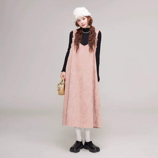 【ワンピース】秋冬 レディース 可愛い Vネックサロペットワンピ ピンク ゆったりノースリーブワンピース【JZシリーズ】