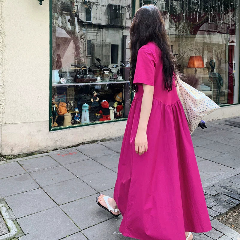 【ワンピース】魅力爆発 ドラゴンフルーツカラー切り替え 半袖ワンピース 若見え おしゃれ感満点