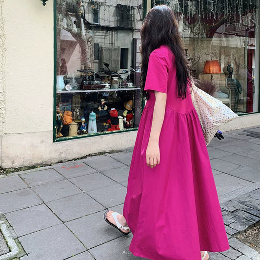 【ワンピース】魅力爆発 ドラゴンフルーツカラー切り替え 半袖ワンピース 若見え おしゃれ感満点