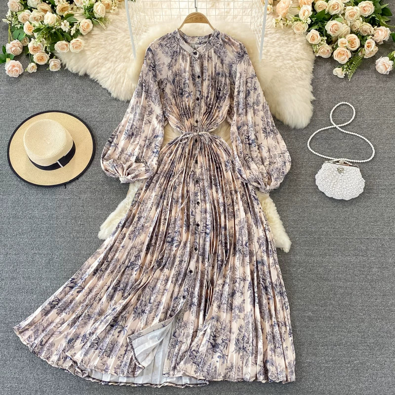 【ワンピース】ラウンドネック サテン プリント プリーツ 長袖 ワンピース 【SHシリーズ】