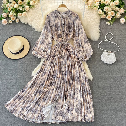 【ワンピース】ラウンドネック サテン プリント プリーツ 長袖 ワンピース 【SHシリーズ】