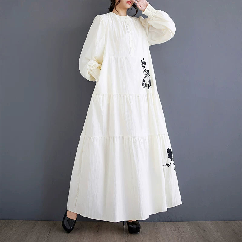 【60%OFF⭐️早い者勝ち】【ワンピース】立ち襟 花刺繍 レイヤード風 切替 長袖 ミディワンピース レディース【SHシリーズ】