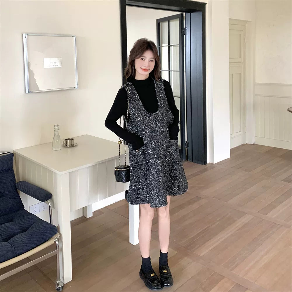 【セットアップ】高級感 シャネル風 合わせやすい 気質よい Ｔシャツ+ノースリーブワンピース 2点セット【JZシリーズ】