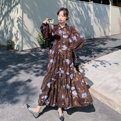 【ワンピース】ヴィンテージ風 フリルカラー 花柄 長袖ワンピース 2026春新作 小柄向け ロング丈【SHシリーズ】