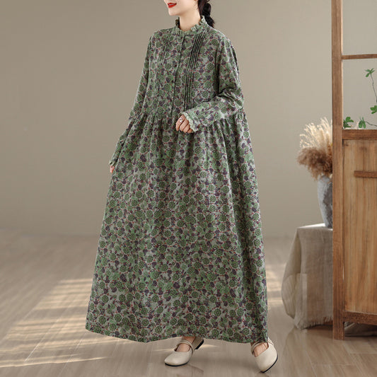 【ワンピース】ロング丈 プリント 上品な雰囲気 リネン素材 長袖 ワンピース 【SHシリーズ】