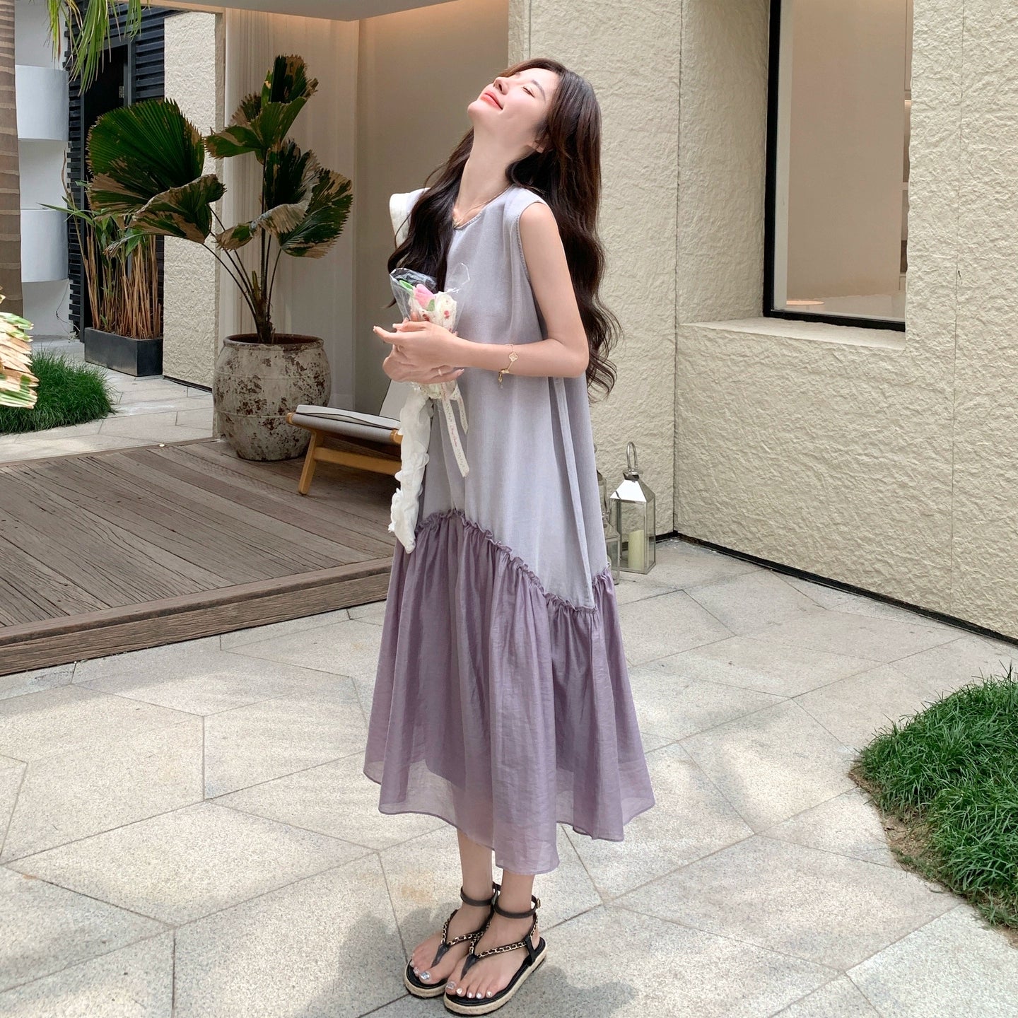 【ワンピース】気品あるコントラストカラー 夏 フレンチロマンティックヴィンテージノースリーブワンピース