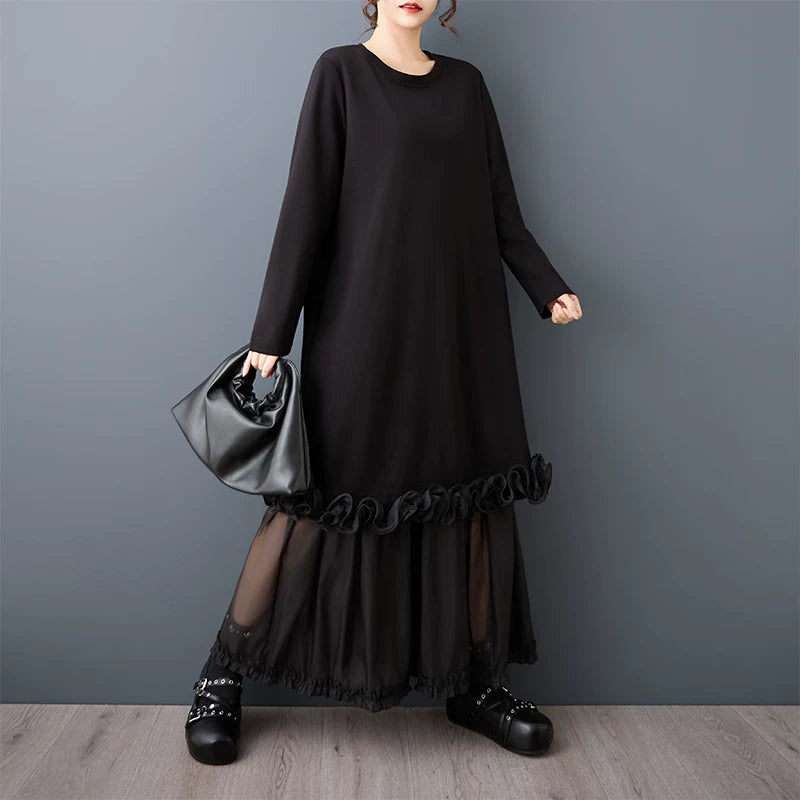 【ワンピース】ダークモード系 レディース チュール切替ワンピース レイヤード風 ゆったりシルエット【JZシリーズ】