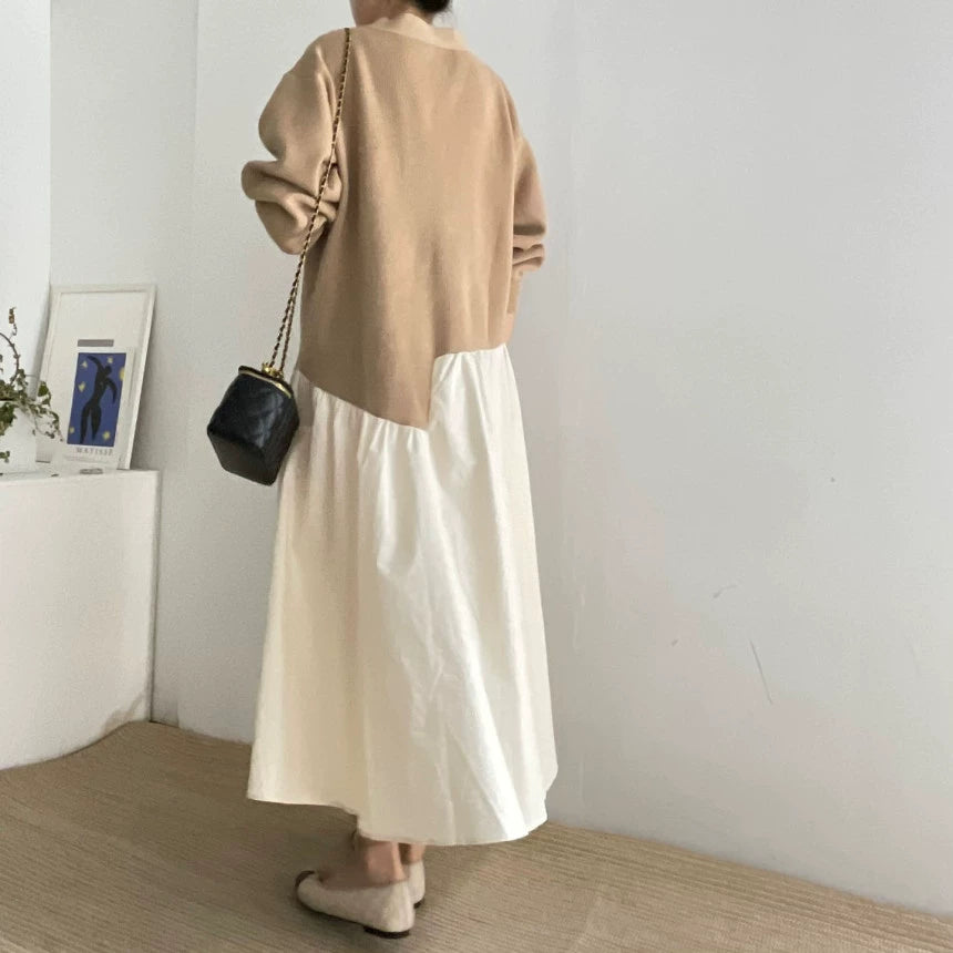 【24AW】【ワンピース】レジャー Vネック 配色 切り替え 長袖ワンピース