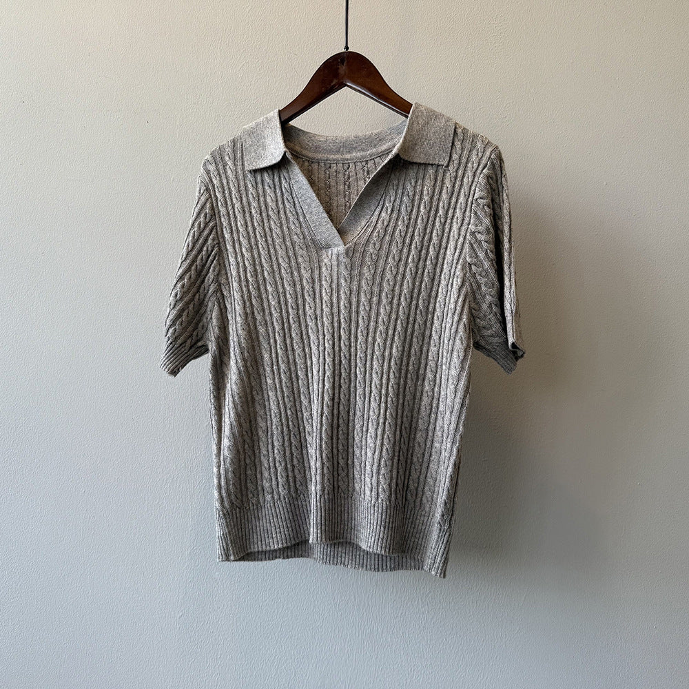 【トップス】ヴィンテージケーブル編みポロニット 半袖Tシャツ レディース 秋 Vネック スリムショート丈トップス【JZシリーズ】