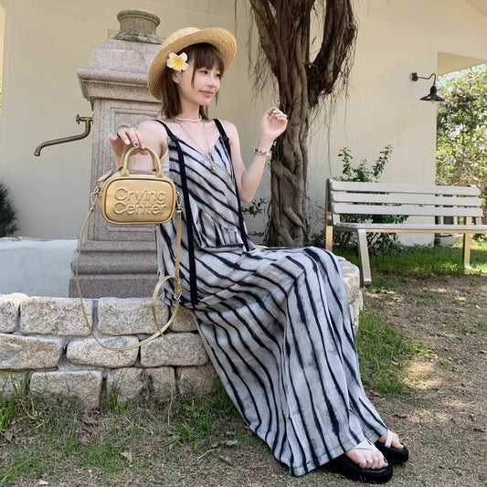 【ボトムス】夏新作  ルーズシルエット オーバーサイズ ストライプ キャミサロペット ワイドパンツ 【SHシリーズ】