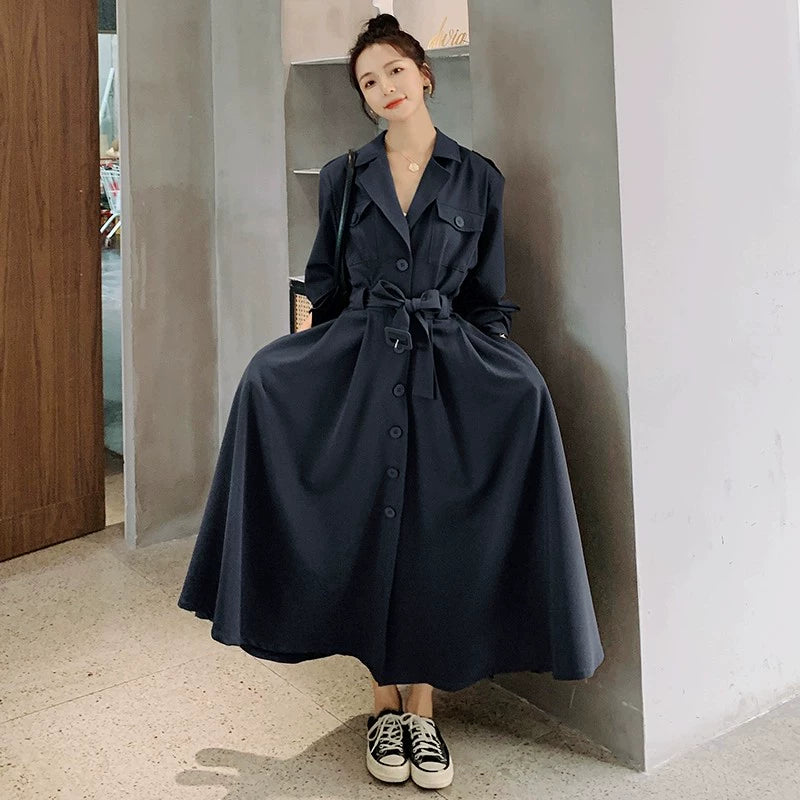 全4色【ワンピース】フレンチ 春秋  気質エレガント トレンチ風 大フレアロング 長袖ワンピース【JZシリーズ】