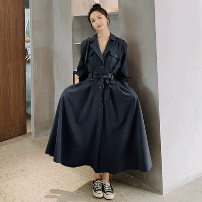 全4色【ワンピース】フレンチ 春秋  気質エレガント トレンチ風 大フレアロング 長袖ワンピース【JZシリーズ】