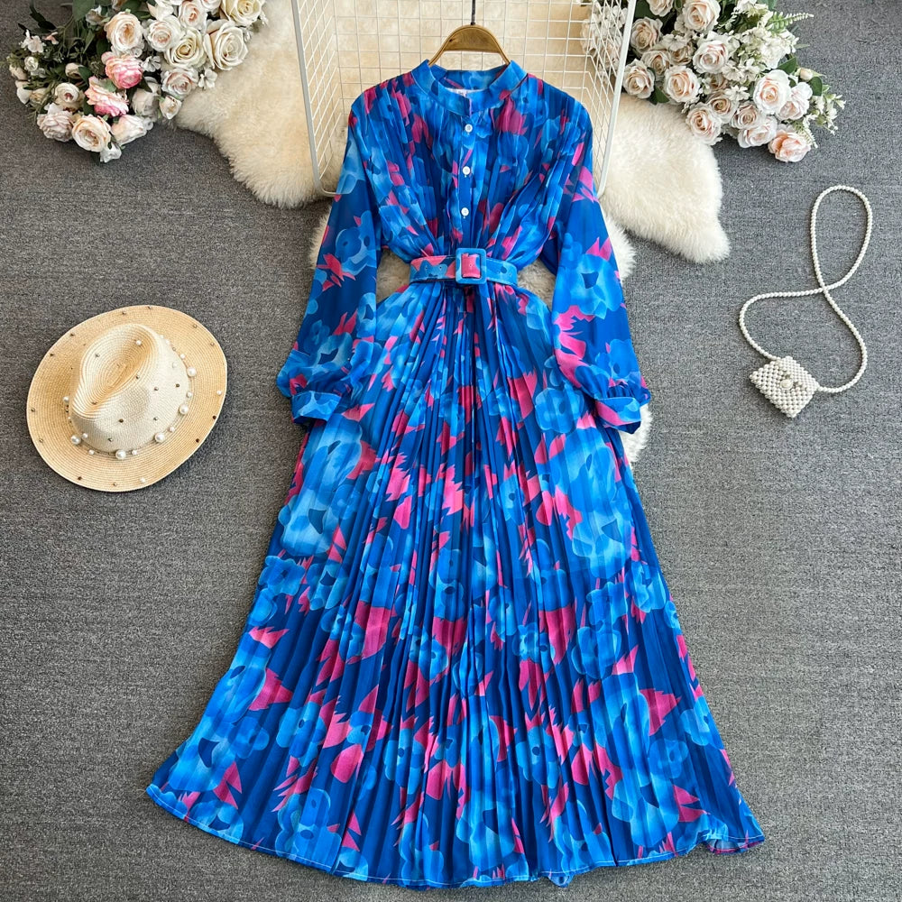 期間限定⭐60%OFF【ワンピース】美人見え確定✨ クラシック 花柄 プリーツ 長袖ワンピース｜高見え立襟＆ウエストマークで細見え【SHシリーズ】