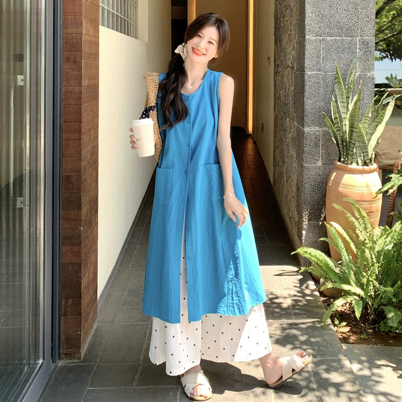 2点セット！【セットアップ】優しい系 ノースリーブシャツワンピース＋ ドット柄 ワイドパンツ 重ね着でおしゃれ