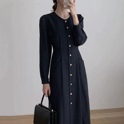 【24AW】【ワンピース】韓国風 chic ラウンドネック 単列ボタン 長袖ワンピース