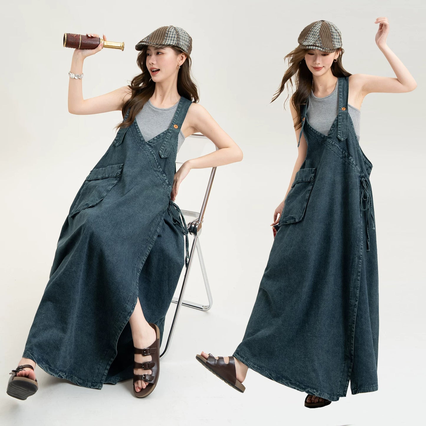 【ワンピース】デニムキャミワンピース Vネック リボンデザイン ノースリーブワンピース ブルー ヴィンテージ風 ルーズフィット カジュアル 夏新作【JZシリーズ】